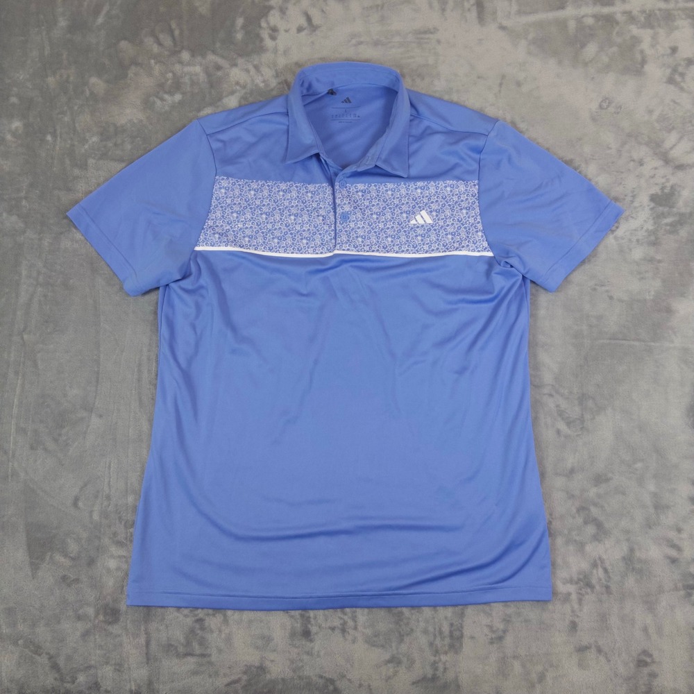 Adidas Polo Shirt Mens Large Blue Floral Chest Stripe Performance Golf Tee